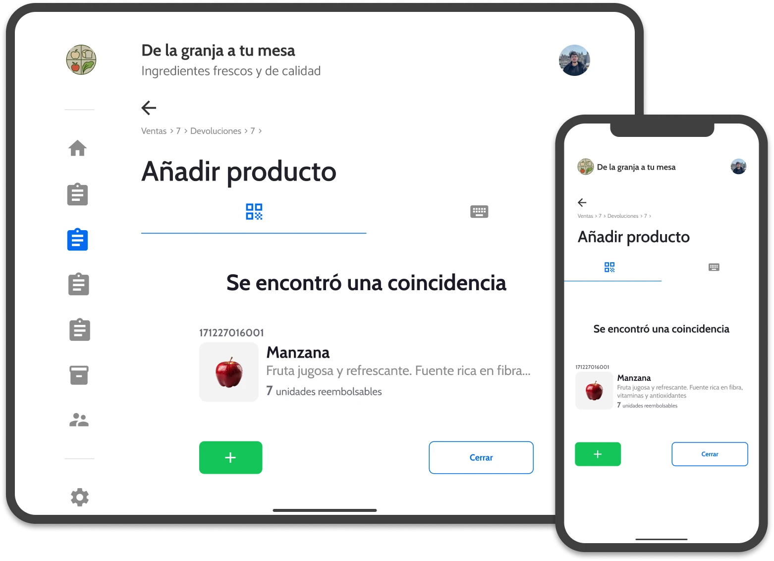 UI of wicadu, showing how add an item to an sale in a mobile and a tablet.