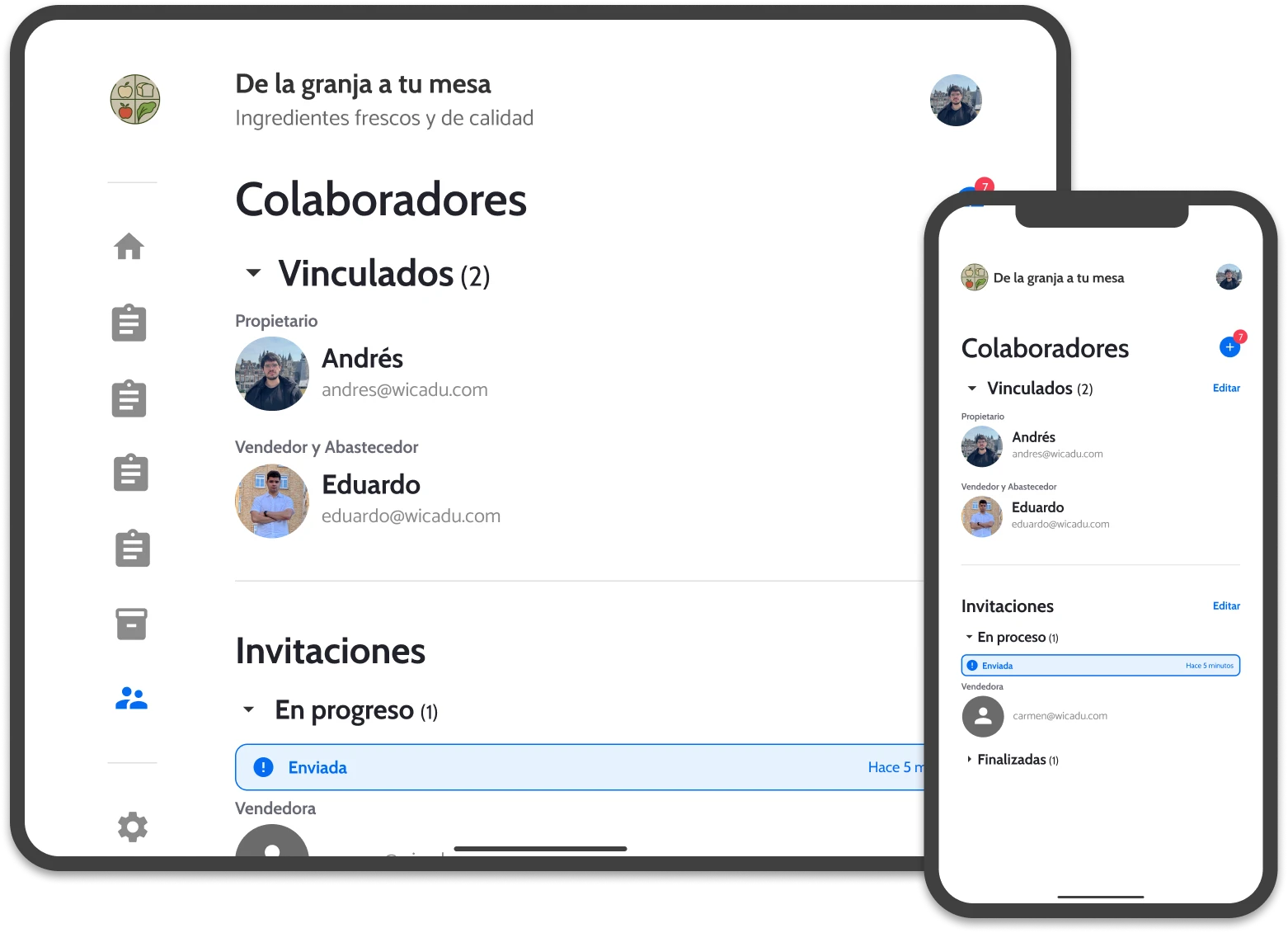 UI of wicadu, showing the employee section with linked employees and pending invitation in a mobile and a tablet.