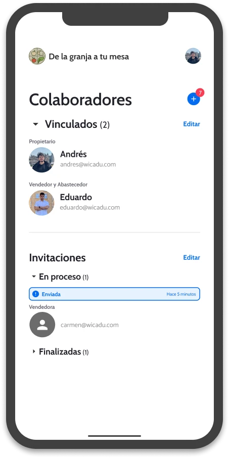 UI of wicadu, showing the employee section with linked employees and pending invitation in a mobile.