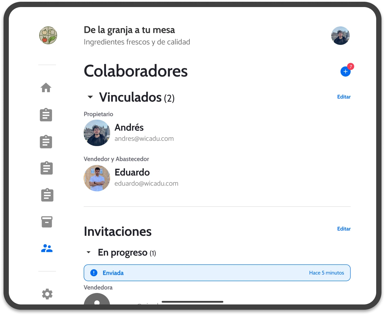 UI of wicadu, showing the employee section with linked employees and pending invitation in a tablet.