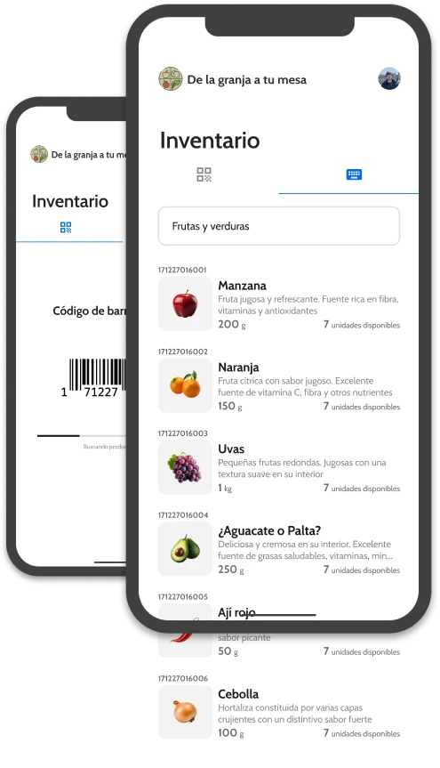 UI of wicadu showing the inventory with fruits, vegetables and a barcode scanner in a mobile.