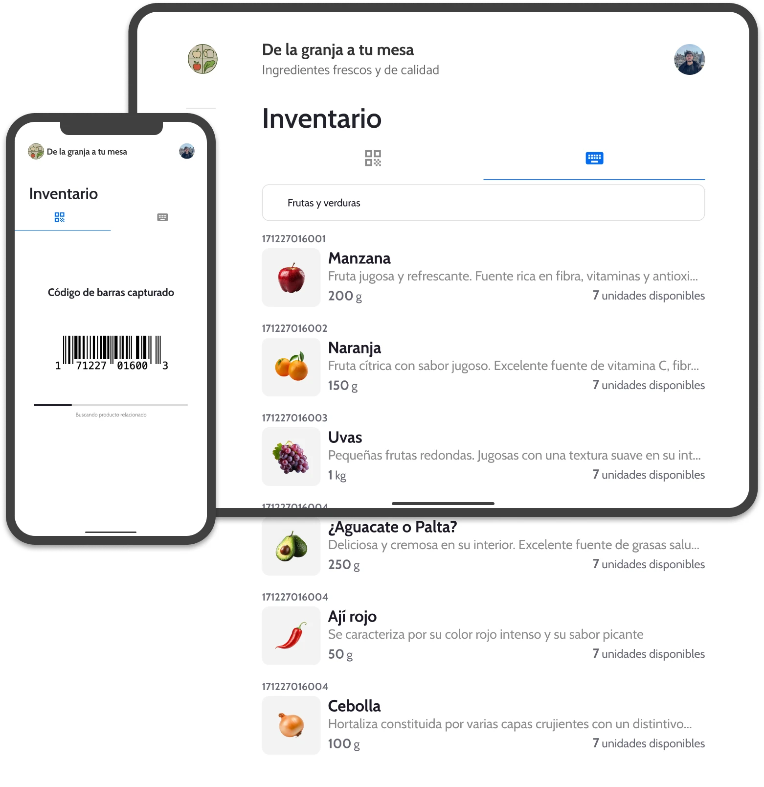 UI of wicadu showing the inventory with fruits, vegetables and a barcode scanner in a mobile and a tablet.