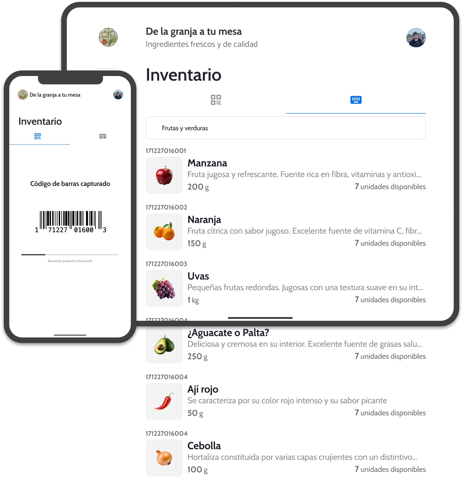 UI of wicadu showing the inventory with fruits, vegetables and a barcode scanner in a mobile and a tablet.