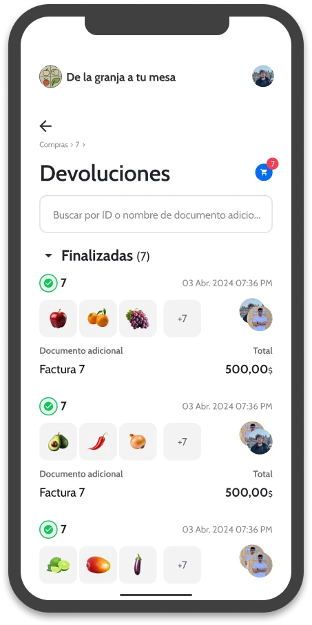 UI of wicadu, showing a list of returns in a mobile.