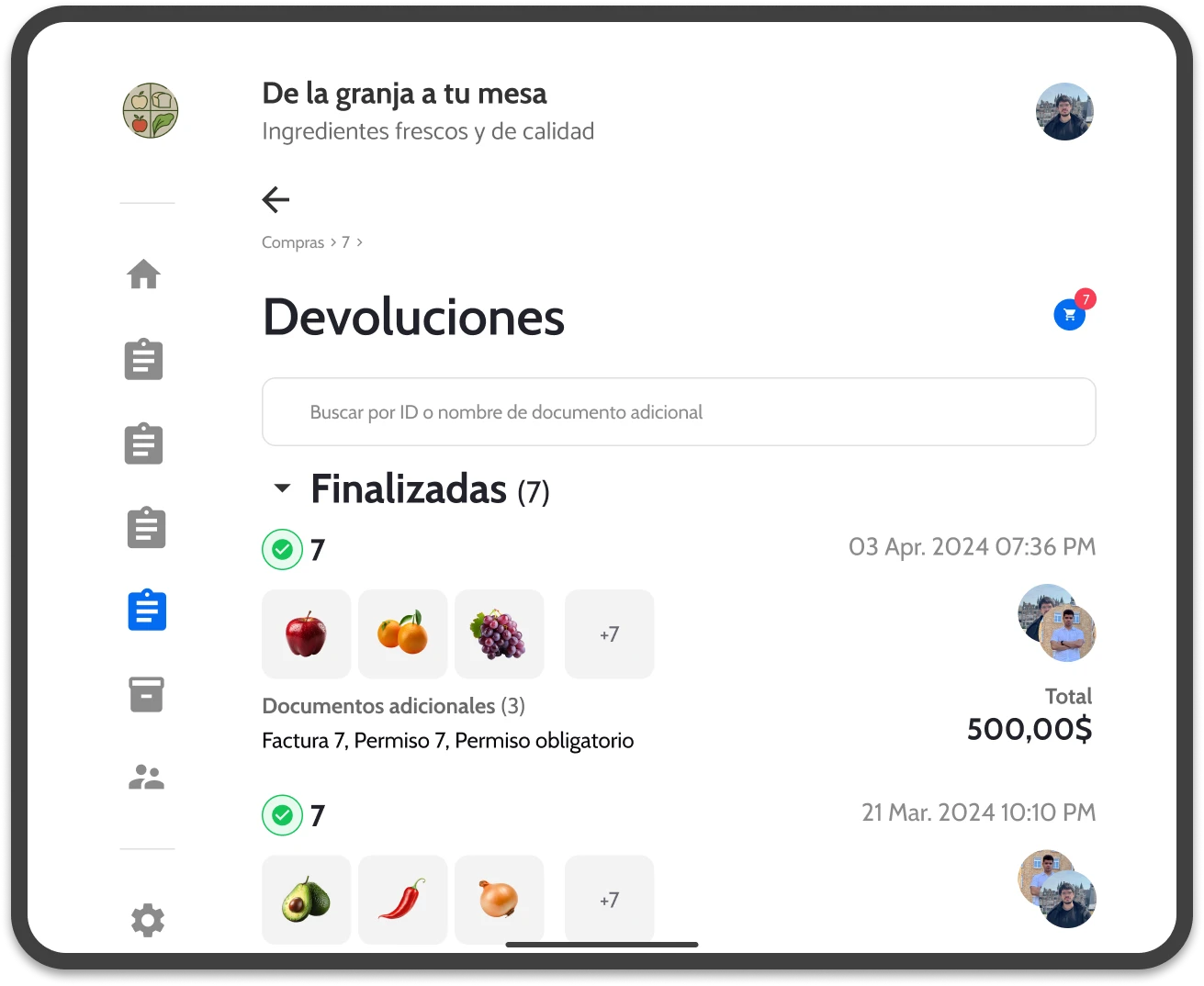 UI of wicadu, showing a list of returns in a tablet.