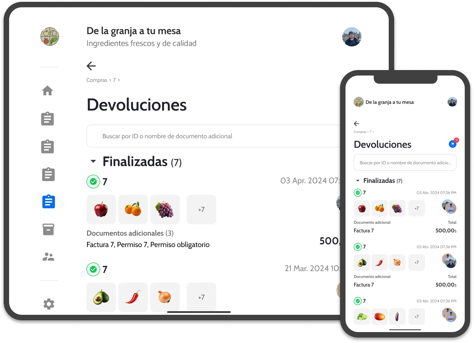 UI of wicadu, showing a list of returns in a mobile and atablet.