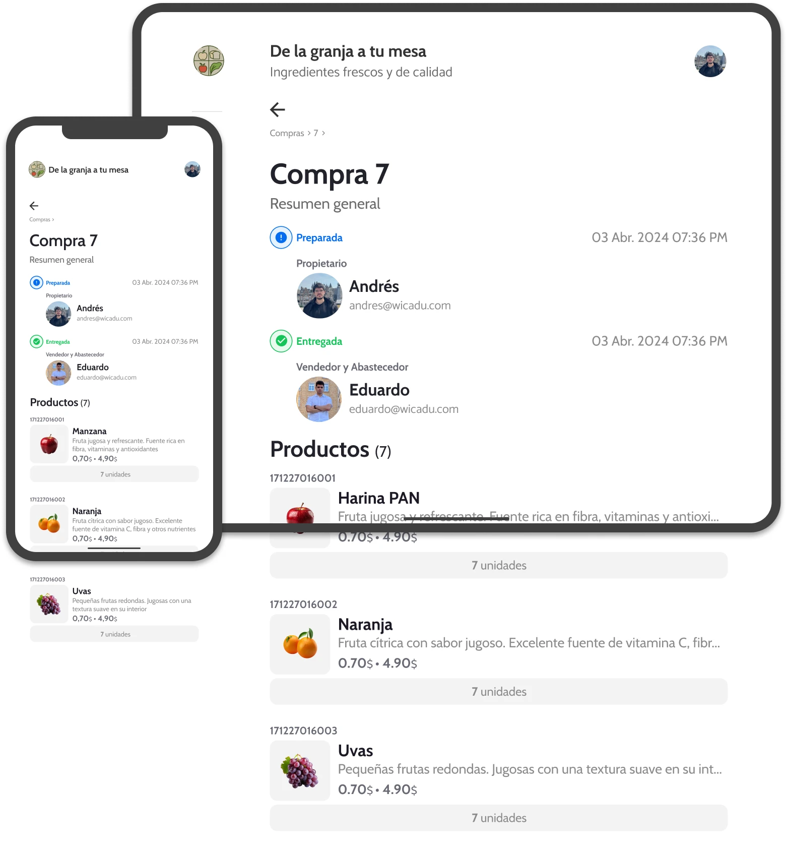 UI of wicadu, showing a purchase summary in a mobile and a tablet.