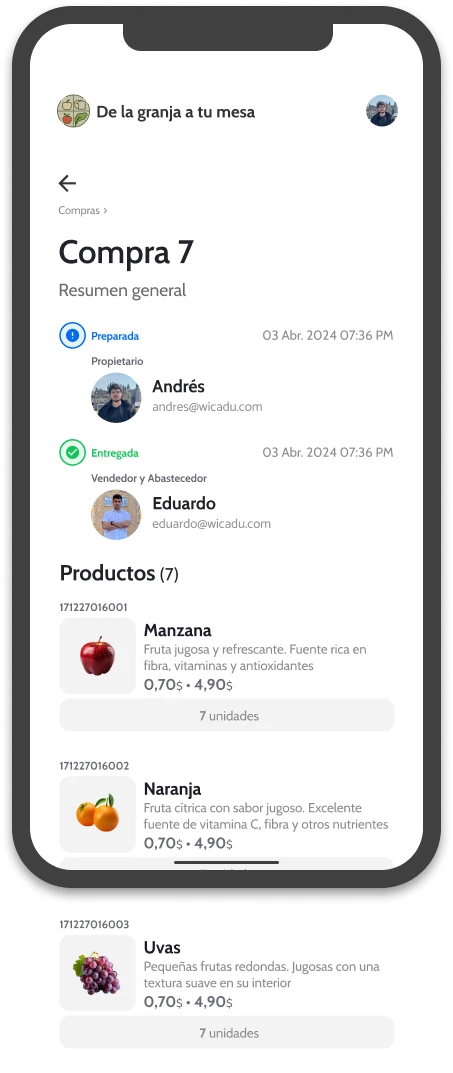UI of wicadu, showing a purchase summary in a mobile.