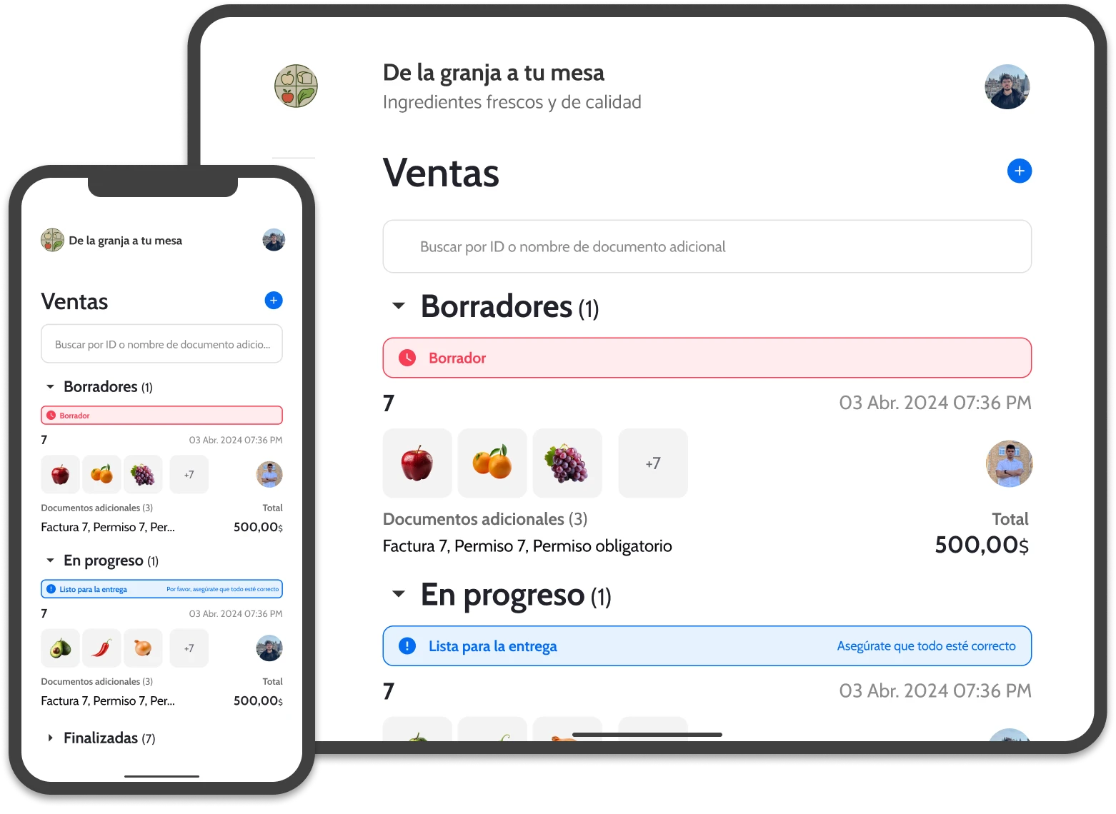 UI of wicadu, showing orders like purchases, sales and drafts in a mobile and a tablet.